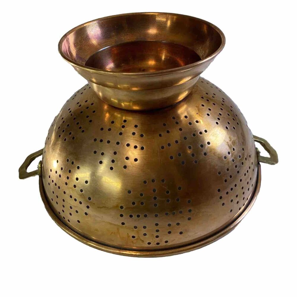 Antique Copper Strainer Colander 12” Riveted Brass Handles Pedestal Patina Korea